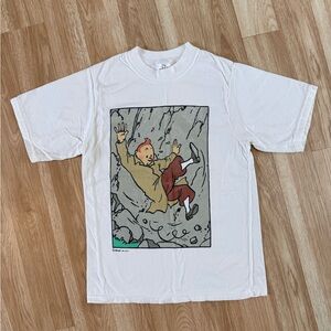 💫Vintage 90s 1991 White Cartoon Print Adventures of TinTin Hergé Art T-Shirt